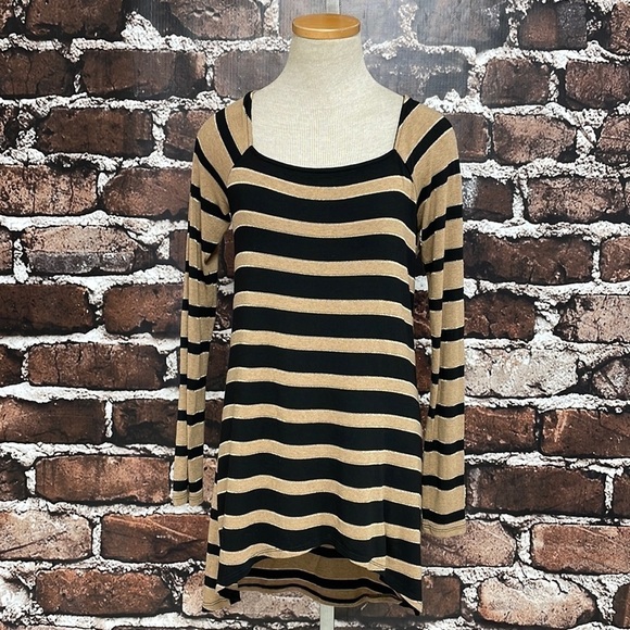 Ella Moss Tunic Top Hi Low T-Shirt Stripes Brown Black Gold Size Small - Picture 7 of 12